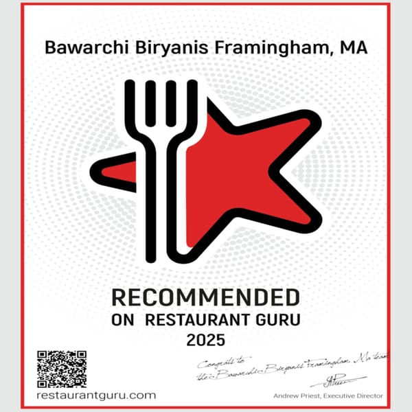 Bawarchi Biryanis Framingham, MA, Recommended on Restaurant Guru 2025 certificate with a fork and star logo.