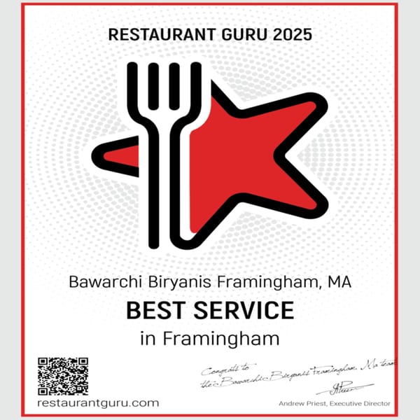 Restaurant Guru 2025 award for Best Service in Framingham, MA, for Bawarchi Biryanis.