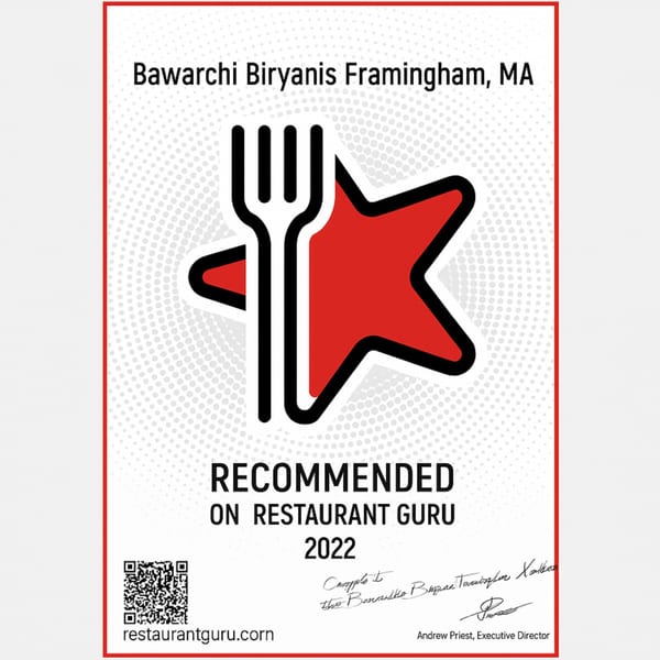Bawarchi Biryanis Framingham, MA, 2022 Restaurant Guru recommendation with fork and star logo.