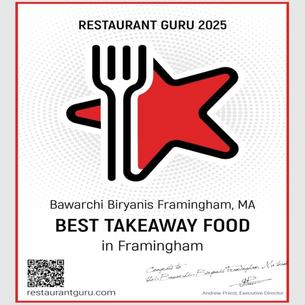 Restaurant Guru 2025 award for Bawarchi Biryanis Framingham, MA: Best Takeaway Food.