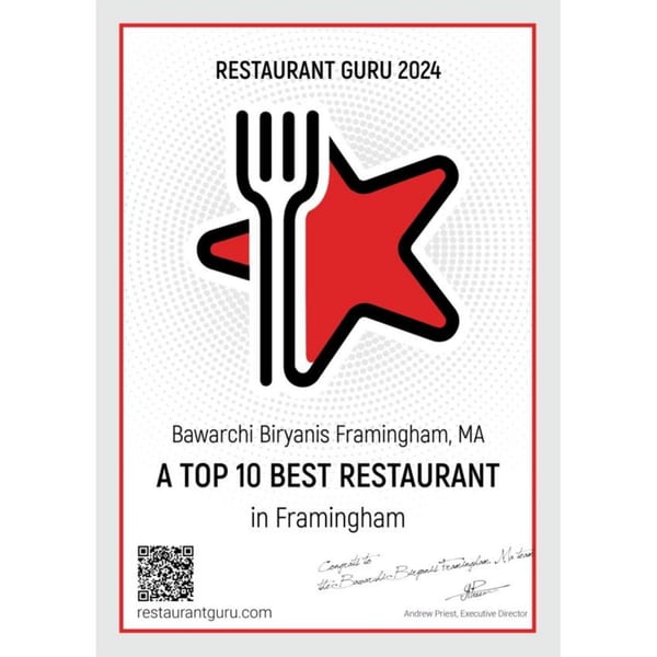 Restaurant Guru 2024 award for Bawarchi Biryanis, a Top 10 Best Restaurant in Framingham.