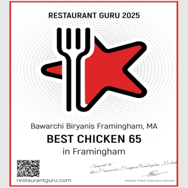 A Restaurant Guru 2025 award for Bawarchi Biryanis Framingham, MA, for "Best Chicken 65".