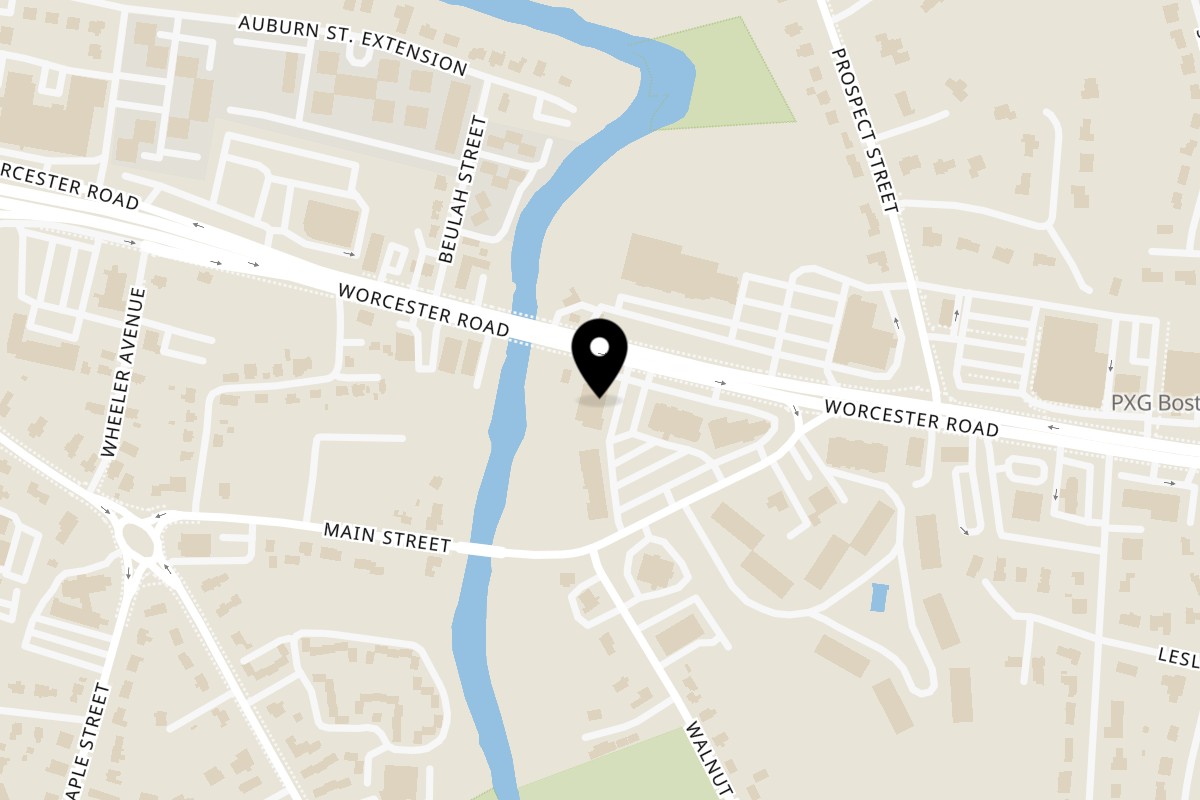 Map showing the location of Bawarchi Biryanis on 700 Worcester Rd in Framingham
